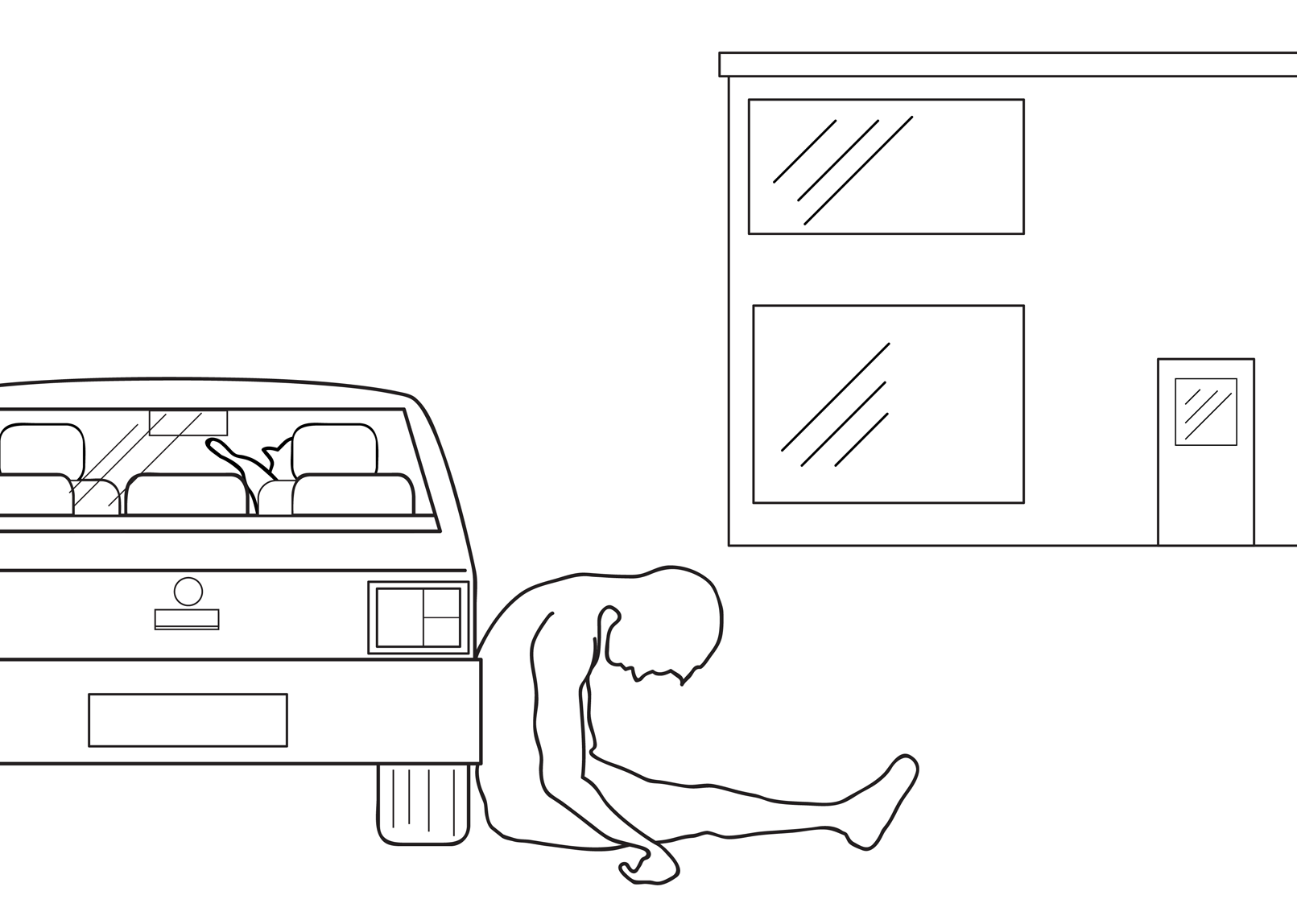 The would-be car thief sits slumped unconscious against the car