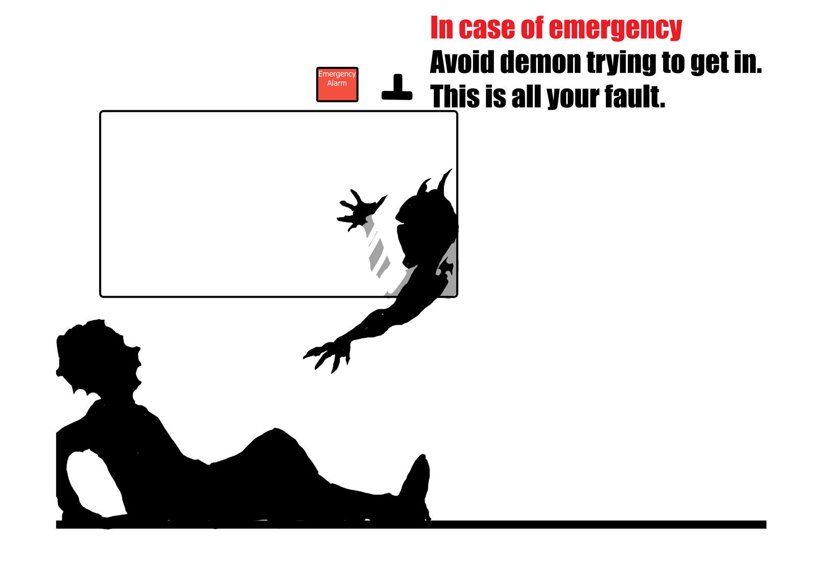 The person has fallen backwards onto their bottom and is desperately moving away from the train window where a demonic creature is attempting to grab them through the broken glass