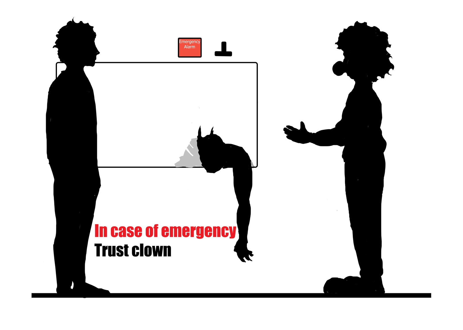 The person and clown stand facing each other whilst the demon is slumped unconscious through the broken window