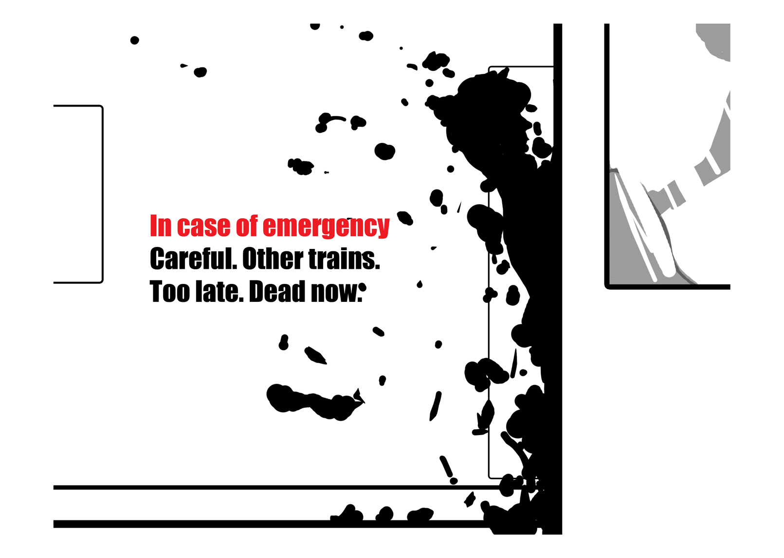 The person is struck by a train travelling in the opposite direction and explodes in a fleshy mass