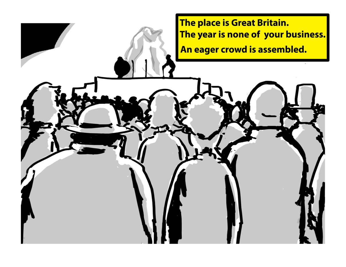 A large crowd - all in autumn attire - stand looking at a raised stage where the silhouettes of two people and a large object shrouded in a cloth are situated