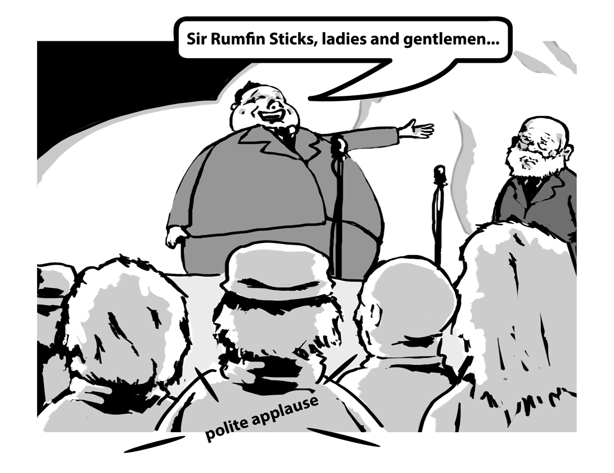 The rotund man extends his arm towards the elderly man as he introduces him to a polite applause from the crowd