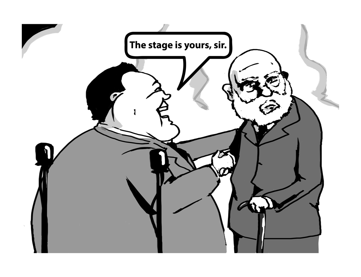 The rotund man shakes the hand of the elderly gent as he says "The stage is yours, sir."