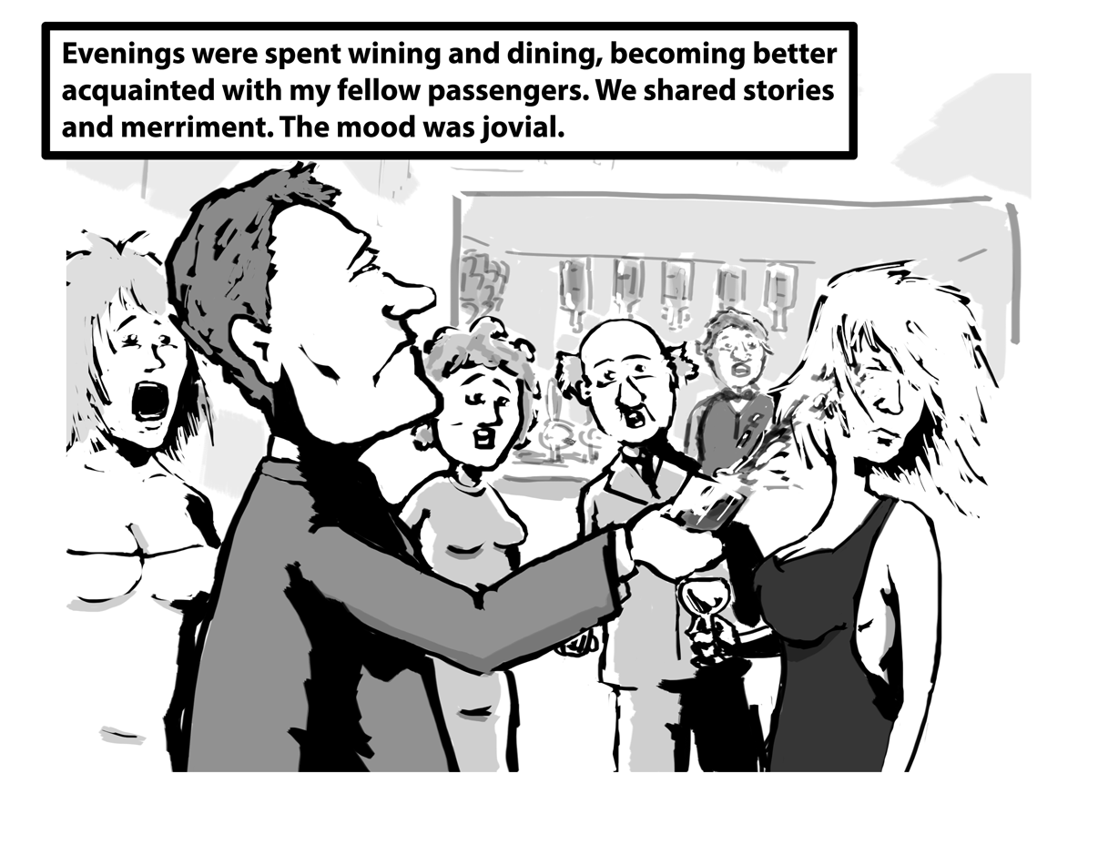 The young Sir Rumfin deliberately sloshes his drink into the face of a young lady as shocked people watch on