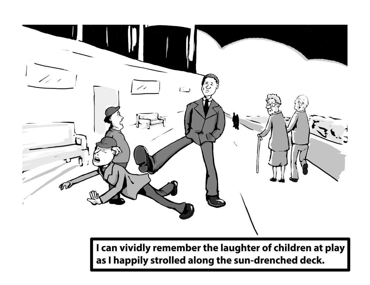 Sir Rumfin kicks a young lad in the backside, knocking him to the deck as the boy's friend watches on in shock