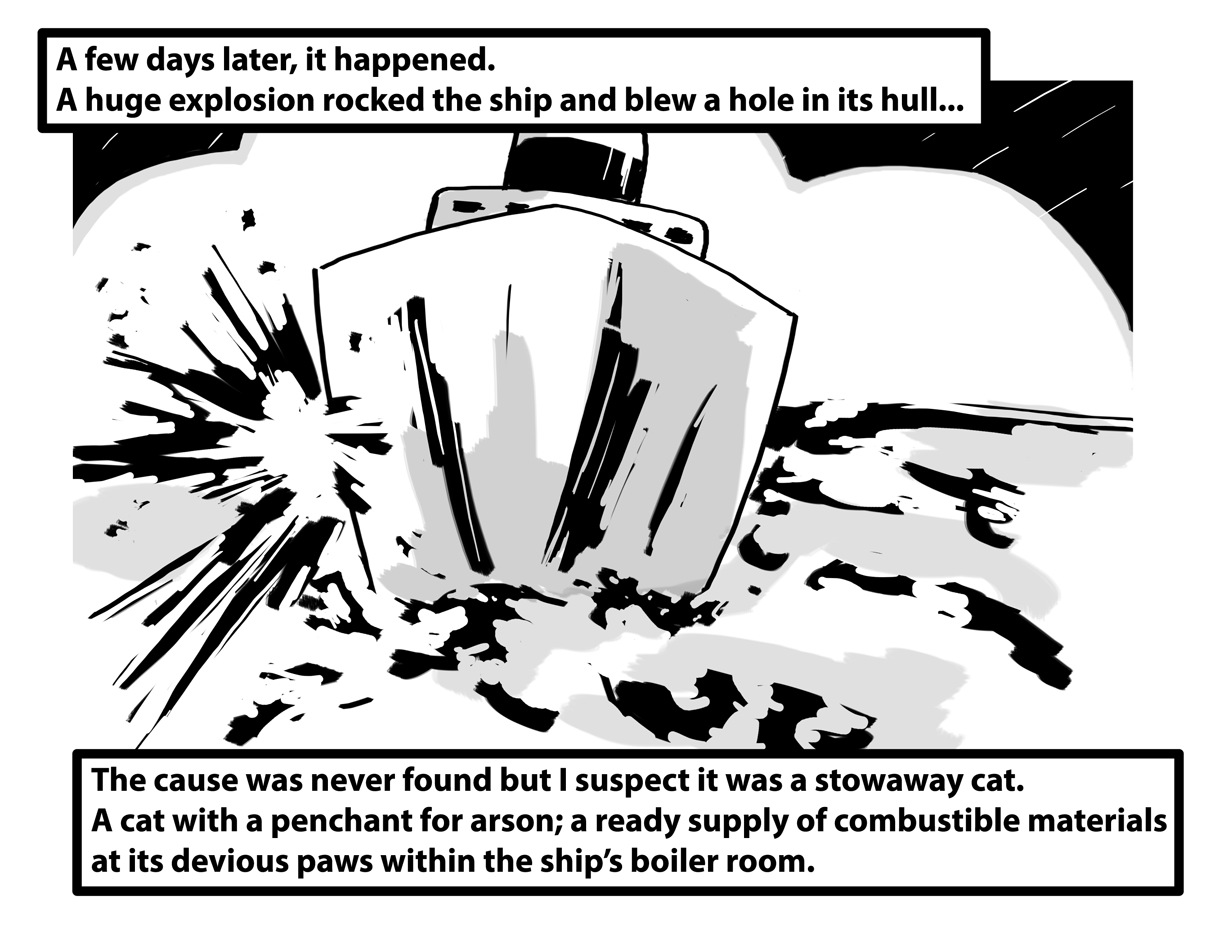 The ship suffers a massive blast and rocks to one side in the sea