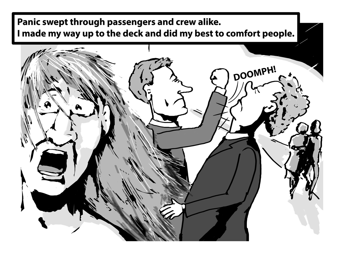 The young Sir Rumfin delivers an uppercut to an unsuspecting passenger as other run around in panic