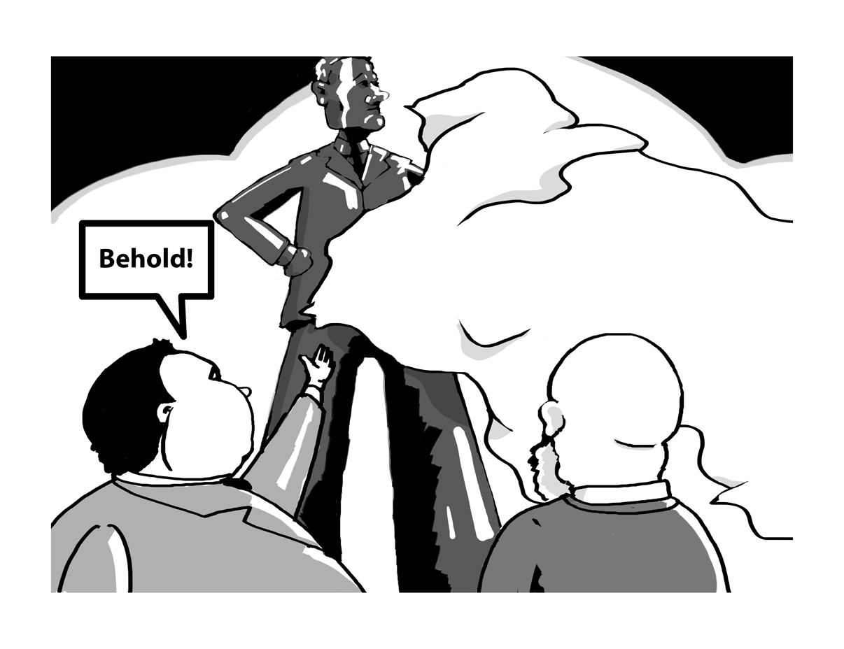 The sheet is pulled away to reveal a huge statue of a young Sir Rumfin Sticks, posed heroically with his hands on his hips