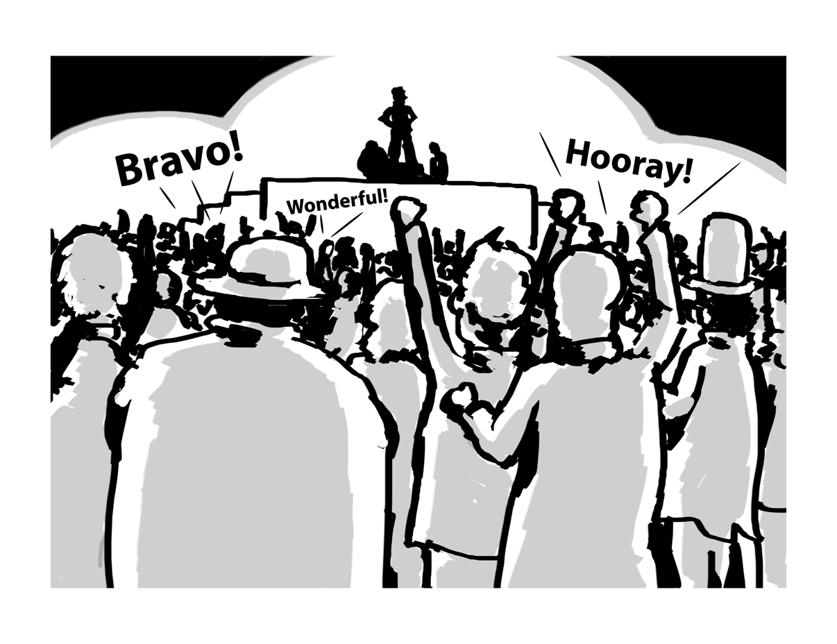 The crowd erupts in applause with shouts of "Bravo!", "Wonderful!" and "Hooray!"
