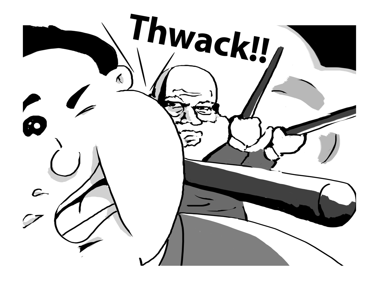 Suddenly, Sir Rumfin smacks the rotund man across the face with his walking stick