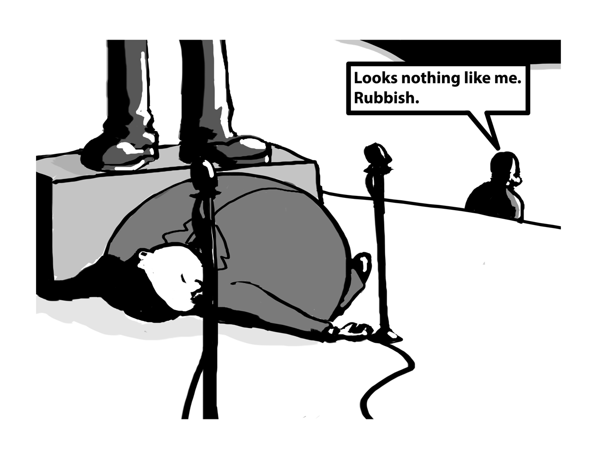 Sir Rumfin Sticks leaves the stage as the rotund man lies unconscious