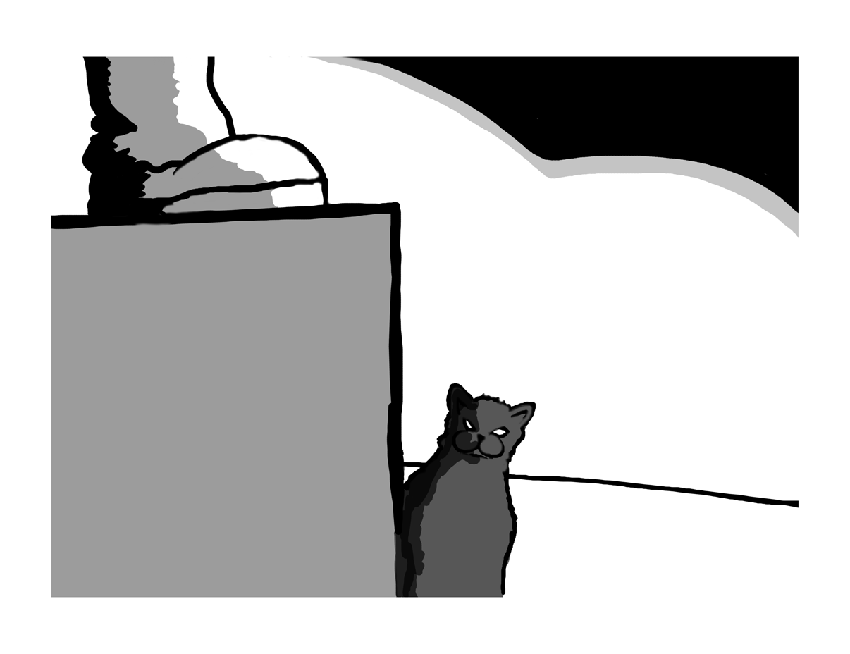 A sinister-looking cat pokes its head from behind the base of the statue's plinth