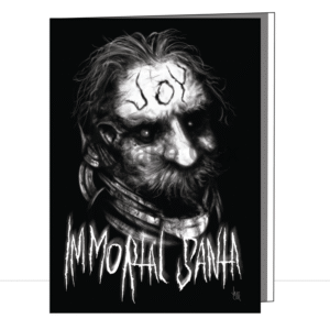 A nightmarish depiction of Santa Claus' head as a cyborg