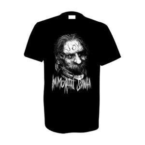 A nightmarish depiction of Santa Claus' head as a cyborg