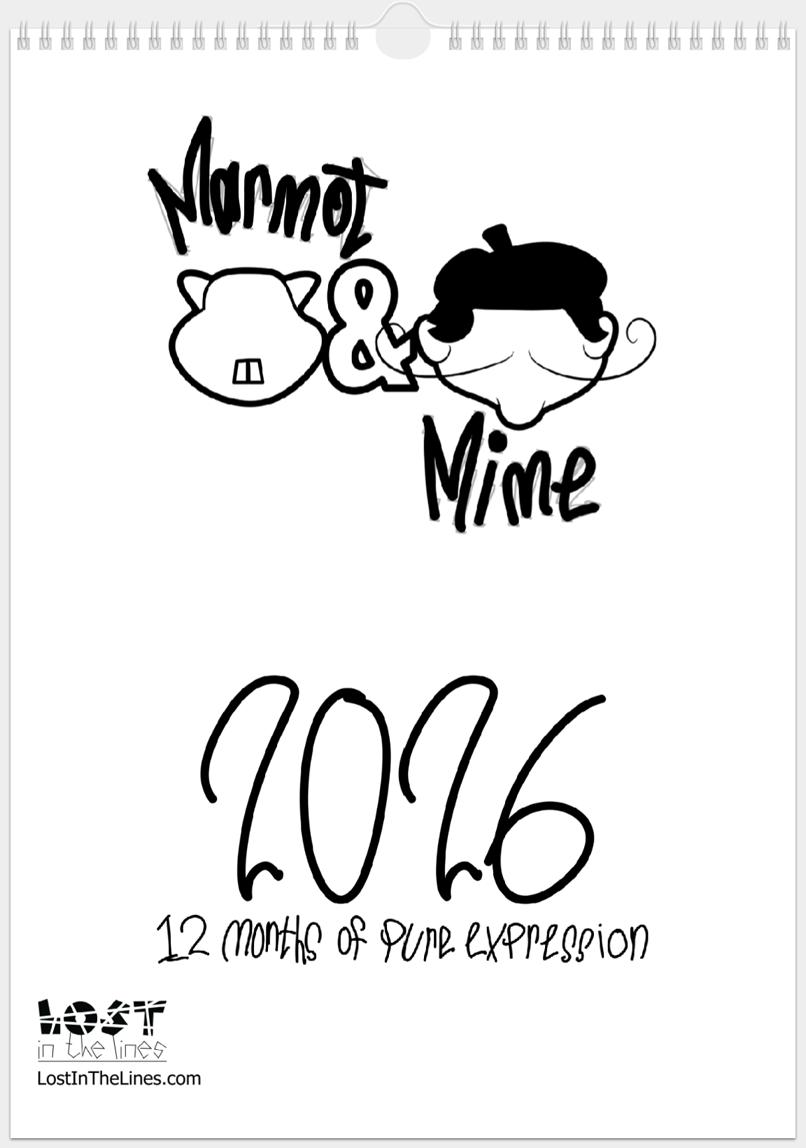 Stencils of the two characters Marmot and Mime. Marmot is a short rodent with chubby cheeks and two big front teeth; Mime is a stereotypical French mime artist with beret and curly moustache