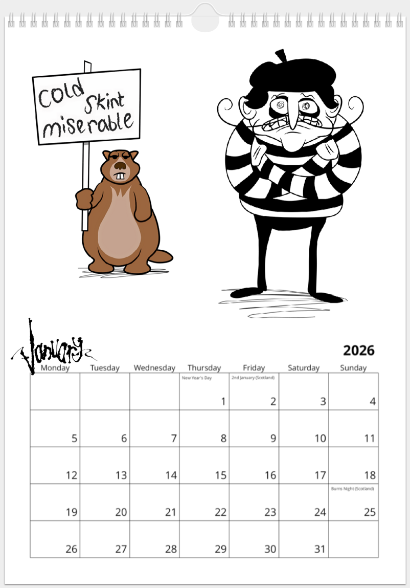 Mime has his hands shoved under his arms and grimaces as he struggles to keep warm; Marmot holds a placard saying 'cold, skint, miserable'