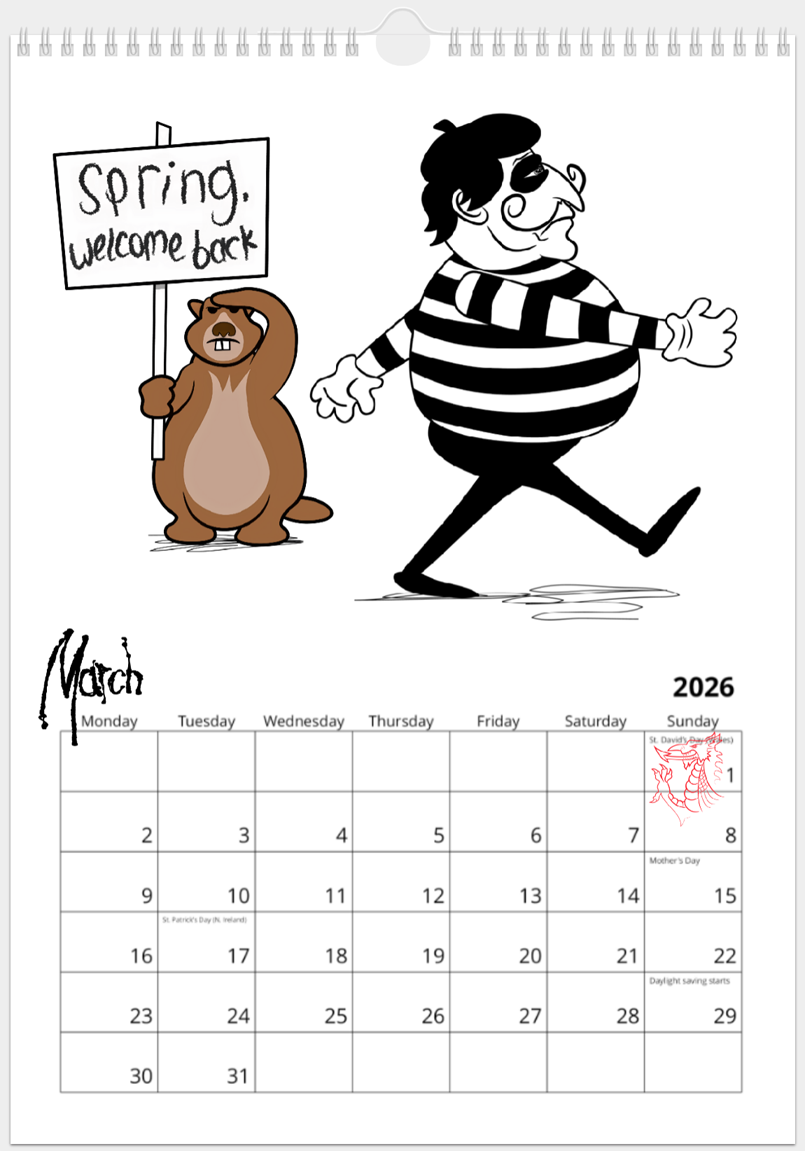 Mime marches in military style with a serious facial expression looking straight ahead; Marmot salutes and holds a placard which reads: 'spring, welcome back'