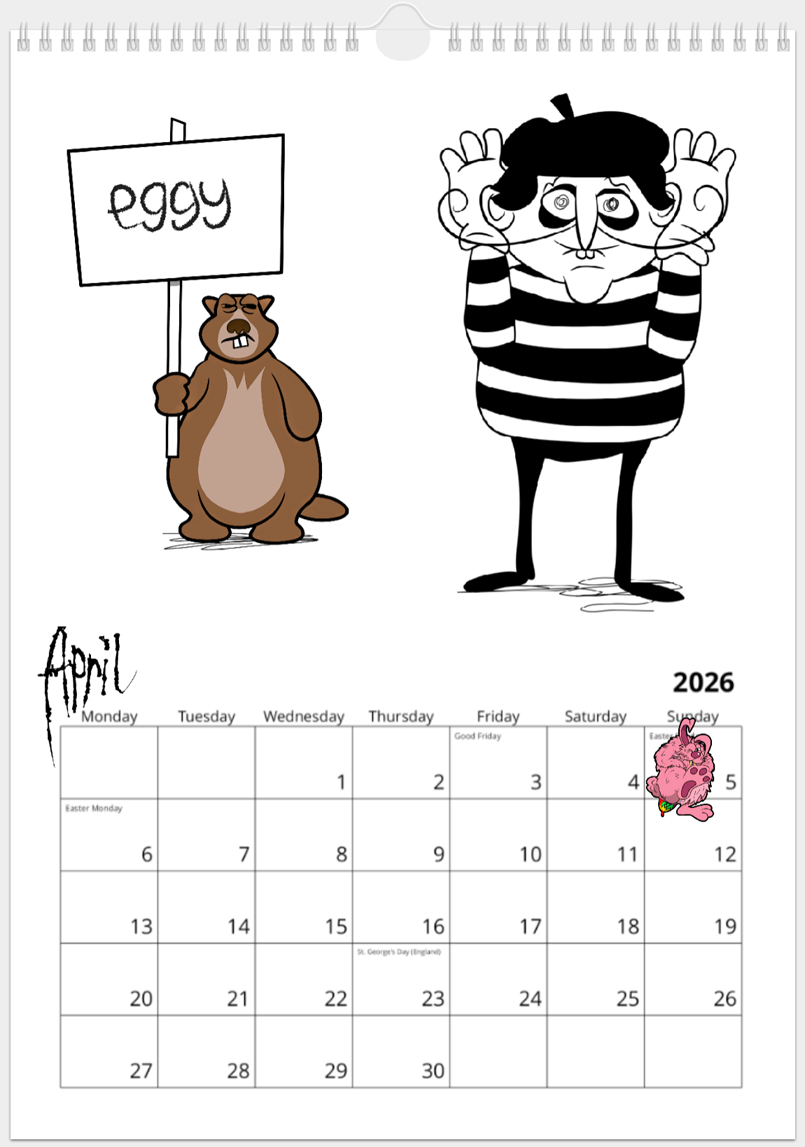 Mime holds his hands behind his own regular ears and has his front teeth biting his lower lip to mimic the appearance of a rabbit; Marmot looks like he's smelled something unpleasant and holds a placard which reads: 'eggy'