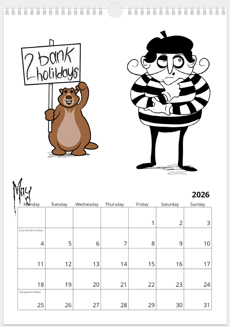 Mime holds his chin and looks deep in thought like he's trying to decide something; Marmot looks cheerful and raises his thumb whilst the placard in his other hand reads '2 bank holidays'