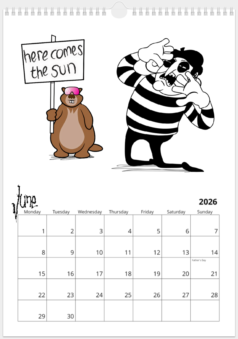 Mime is on his knees trying to shield his eyes from a blinding light; Marmot is wearing skiing sunglasses and his placard reads: 'here comes the sun'