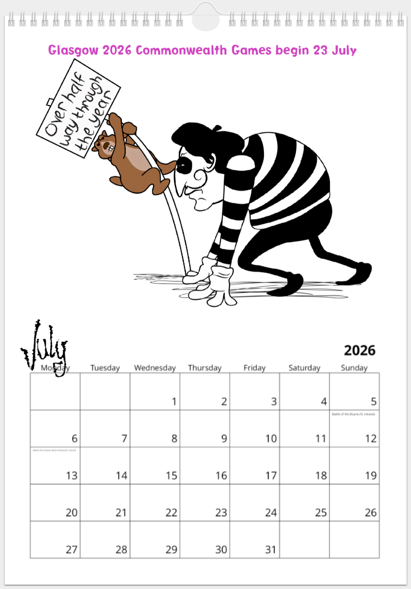 Mime is poised and ready in the starting position that professional runners take when racing; Marmot is using his placard as a pole vault and it reads: 'over half way through the year'. Text beneath the dates says: 'Glasgow 2026 Commonwealth Games begin 23 July'