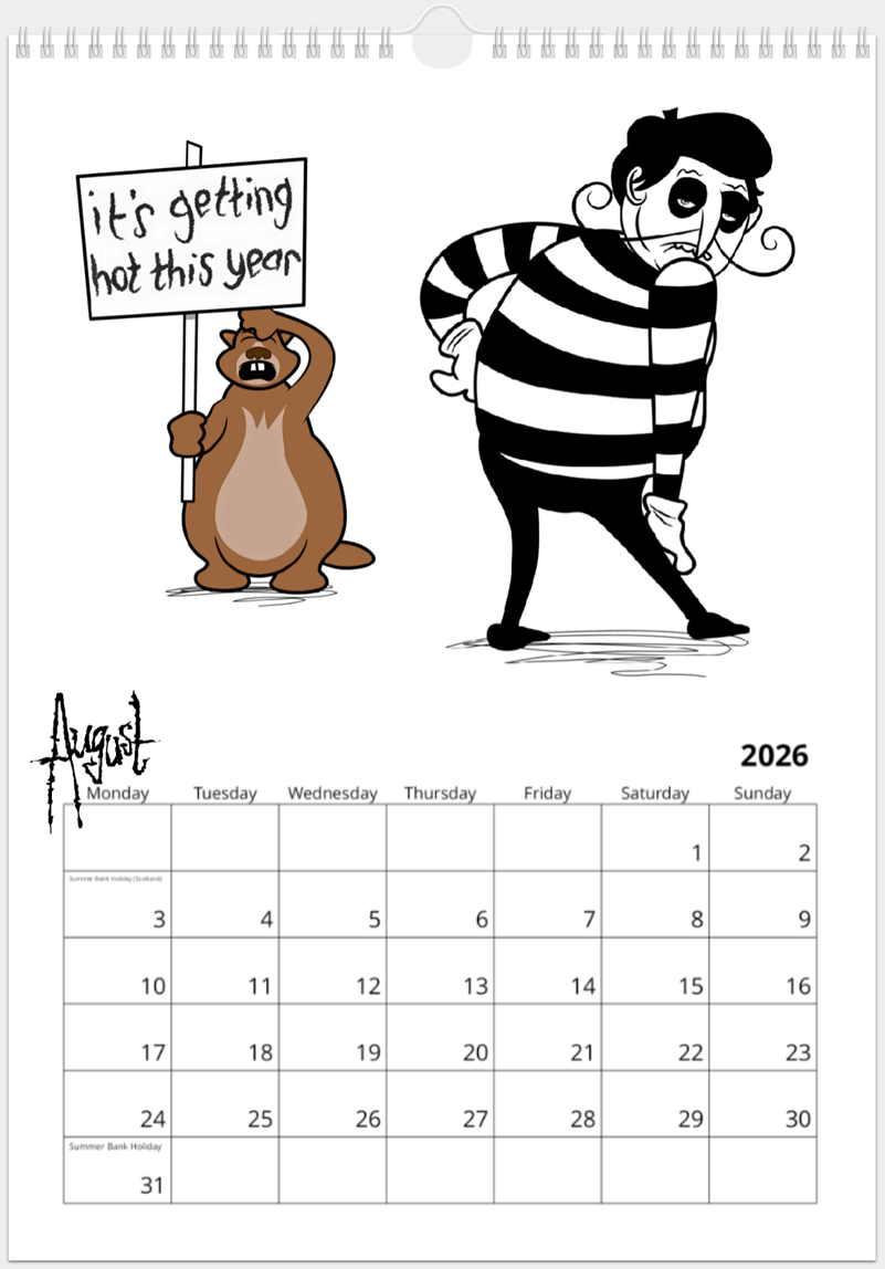 Mime looks back over his shoulder and looks seductive with his hand on his hip; Marmot holds his hand to his forehead as if really feeling the heat and his placard reads: 'it's getting hot this year'