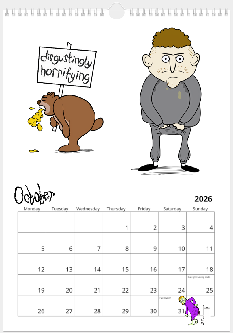 Mime appears as a 'chav' sort of character, complete with permed hair, bum fluff facial hair and dirty jogging suit which he's got his hands down the front of; Marmot is doubles over and vomiting, his placard reads: 'disgustingly horrifying'