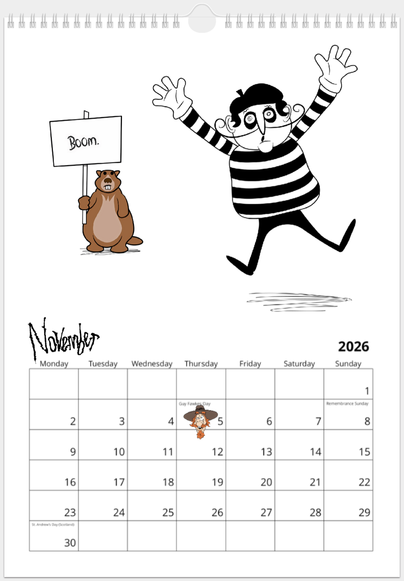 Mime imitates and exploding firework by jumping in the air in a star shape; Marmot looks unimpressed and his placard reads: 'boom'