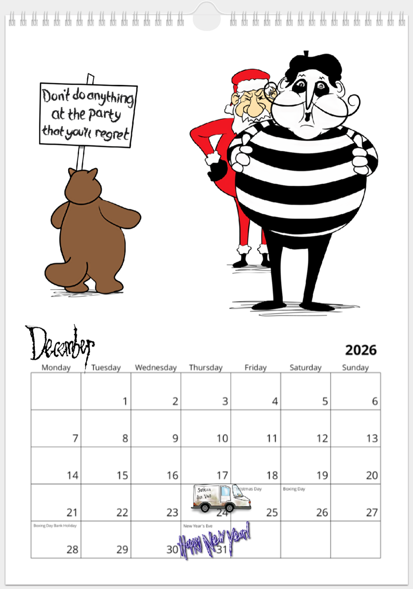 Mime does a very crude impression of Santa Claus, puffing out his cheeks and belly to make himself look fat (unaware that Santa is stood right behind him and looking angry); Marmot backs away from Santa and his placard reads: 'don't do anything at the party that you'll regret'