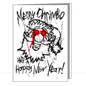 A spray paint-looking cartoon Santa with red, dripping eyes