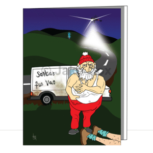 A grubby-looking Santa in a bobble hat, white vest and jogging bottoms which he's reaching his hands into