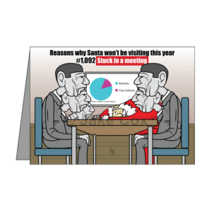 Santa has his head down on the table in front of him as he's flanked by several identical, grey-skinned boring businessmen