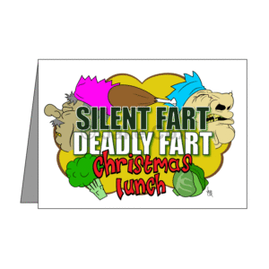 Two grimacing men in Christmas paper crowns along with depictions of a turkey leg, broccoli and a Brussels sprout, all amidst a yellow and brown cloud of gas