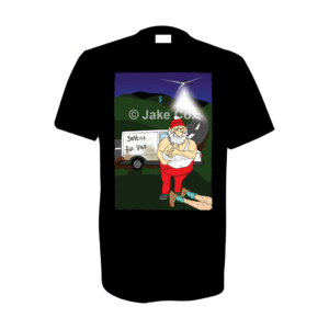 A grubby-looking Santa in a bobble hat, white vest and jogging bottoms which he's reaching his hands into