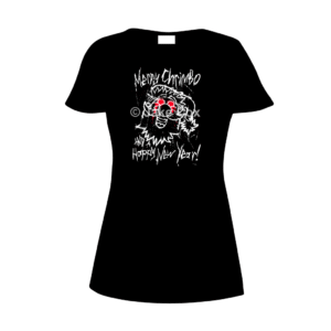 A spray paint-looking cartoon Santa with red, dripping eyes