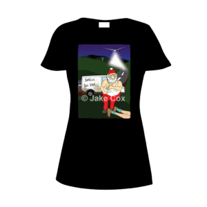 A grubby-looking Santa in a bobble hat, white vest and jogging bottoms which he's reaching his hands into