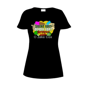 Two grimacing men in Christmas paper crowns along with depictions of a turkey leg, broccoli and a Brussels sprout, all amidst a yellow and brown cloud of gas