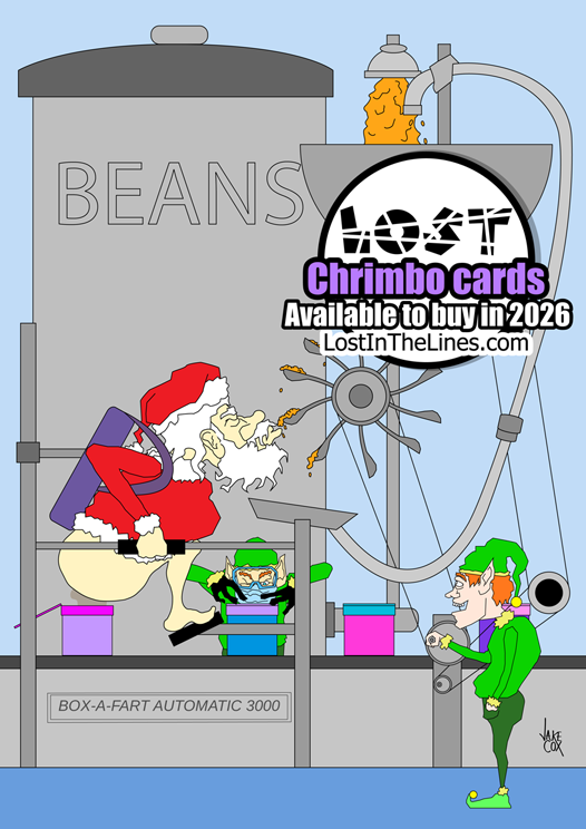 Santa (naked from the waist down) is strapped into a strange contraption called a 'box-a-fart automatic 3000', which forces his bare bottom to hover above a conveyor belt, along which open gift boxes move