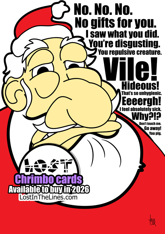 A cartoon Santa grimaces