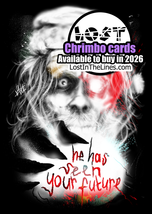 A terrifying Santa with one glowing eye grasps a snow globe within his clawed hand as beams of light shine out of it