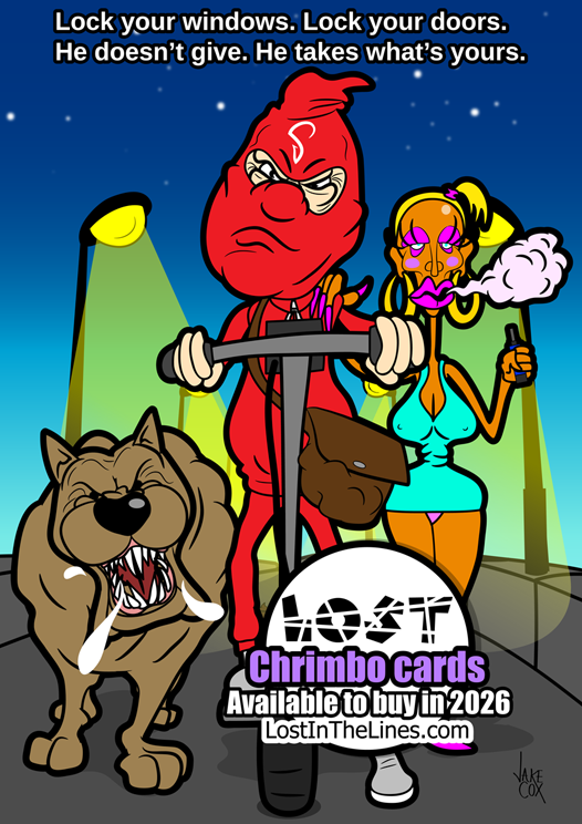 An angry-looking man wearing a red balaclava and jogging suit is posed on an e-scooter