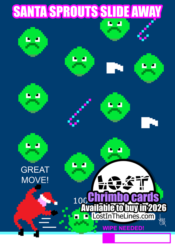 A 1980's-style pixelated computer game with Santa sliding side to side on ice to dodge falling sprouts, intermingled with the occasional toilet roll and candy cane