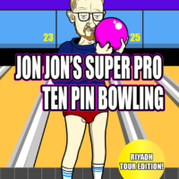 A cartoon Jon Jon is stood in a bowling alley, holding a bowling ball, which he is licking as drool runs down from the tip of his tongue