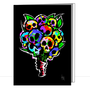 A bunch of flowers that - upon closer inspection - are actually multi-coloured skulls