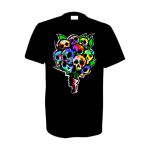 A bunch of flowers that - upon closer inspection - are actually multi-coloured skulls