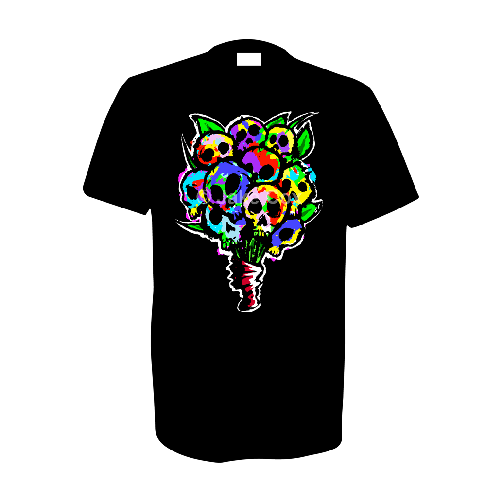 A bunch of flowers that - upon closer inspection - are actually multi-coloured skulls