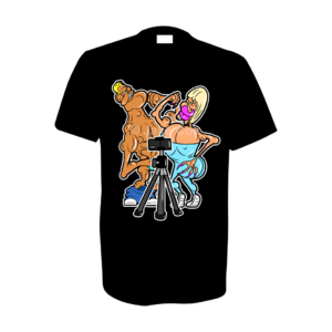 Grotesque caricatures of stereotypical male and female gym-obsessed social media 'influencers', posing in front of a mobile phone on a tripod