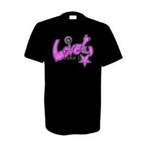 The word 'lovely' with the letter 'L' containing an open spells book, the letter 'o' containing a skull, the letter 'v' topped with a burning candle, the letter 'e' containing a cat, the second letter 'l' topped with a cup of coffee and the letter 'y' flowing into the shape of an inverted pentagram