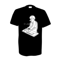 Cartoon of an office worker grimacing as he tries to type on an upside down keyboard which is plugged into his backside