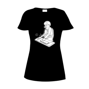 Cartoon of an office worker grimacing as he tries to type on an upside down keyboard which is plugged into his backside